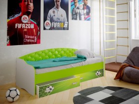 Кровать Софа-8 с мягкой спинкой фотопечать Футбол (900х1900) Белый/Лайм в Москаленки - moskalenki.katalogmebeli.com | фото